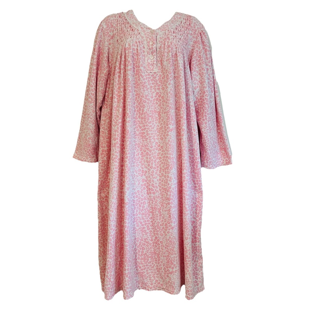Miss Elaine Nightgown Sz XL Pink Animal Print Lace Trim Grandma 3/4 Sleeve